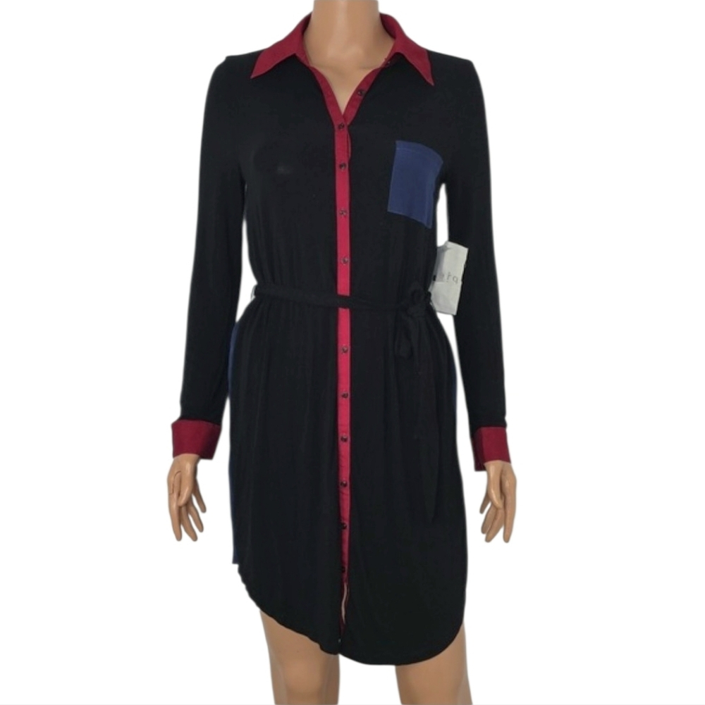 Pieces by Kensie Women's Shirt Dress Size S long Sleeve Casual Navy/Red Black
